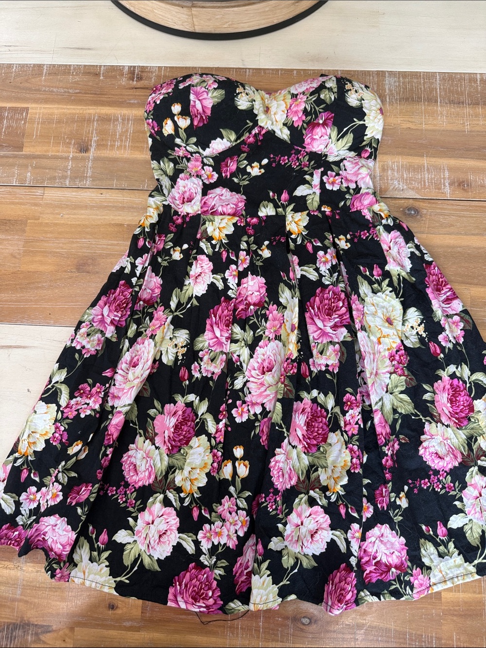 Rue21 Black Strapless Floral Mini Dress with Pink & Cream Blooms